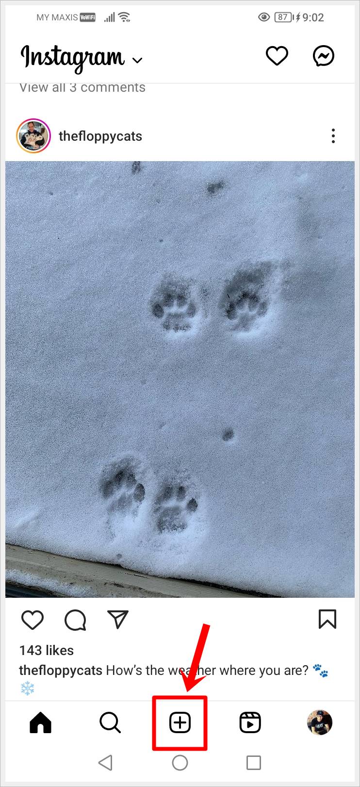 This image shows a screenshot of the Instagram homepage on an Android phone with the 