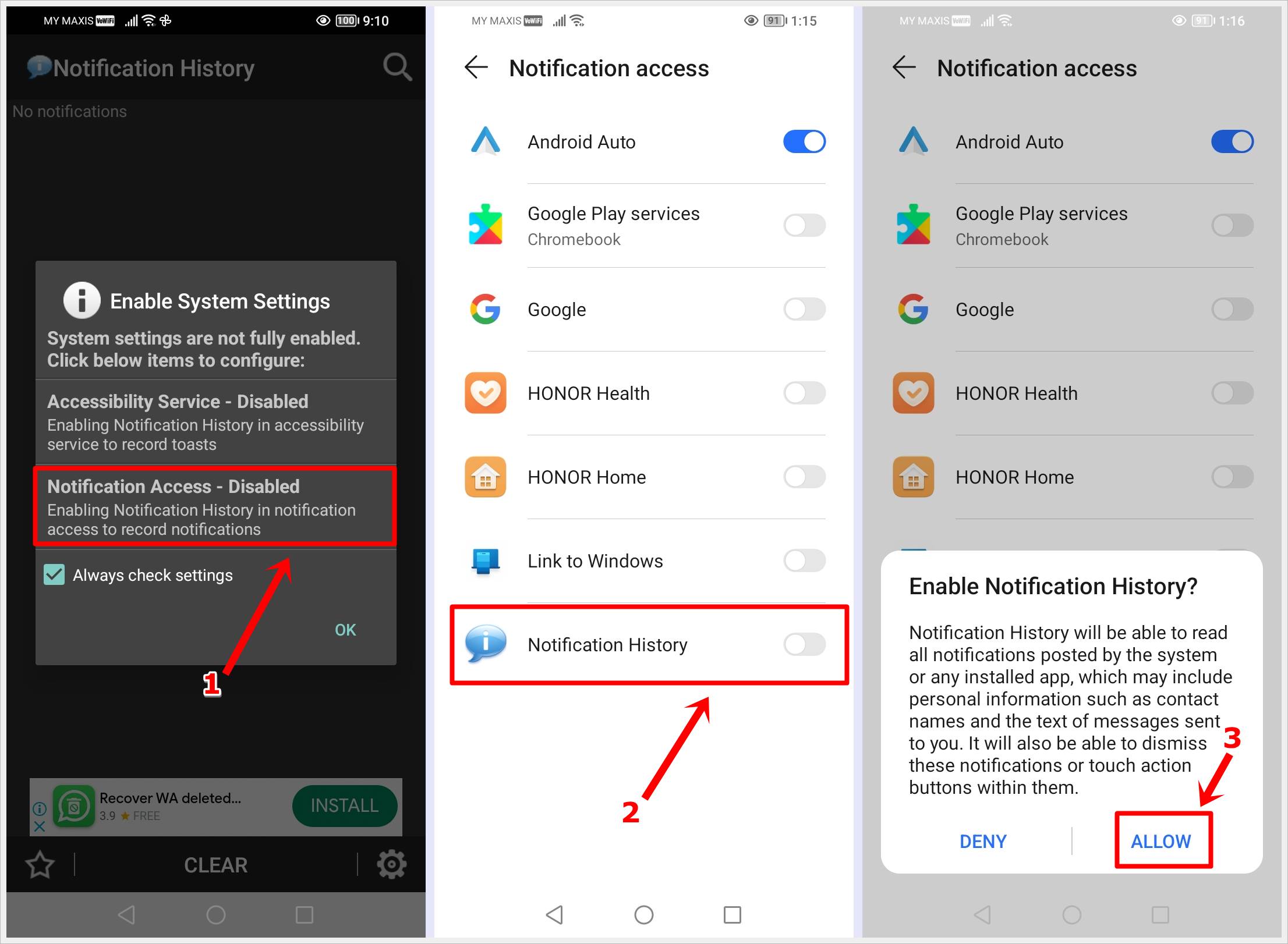 This image shows three screenshots of the step-by-step guide to enable 