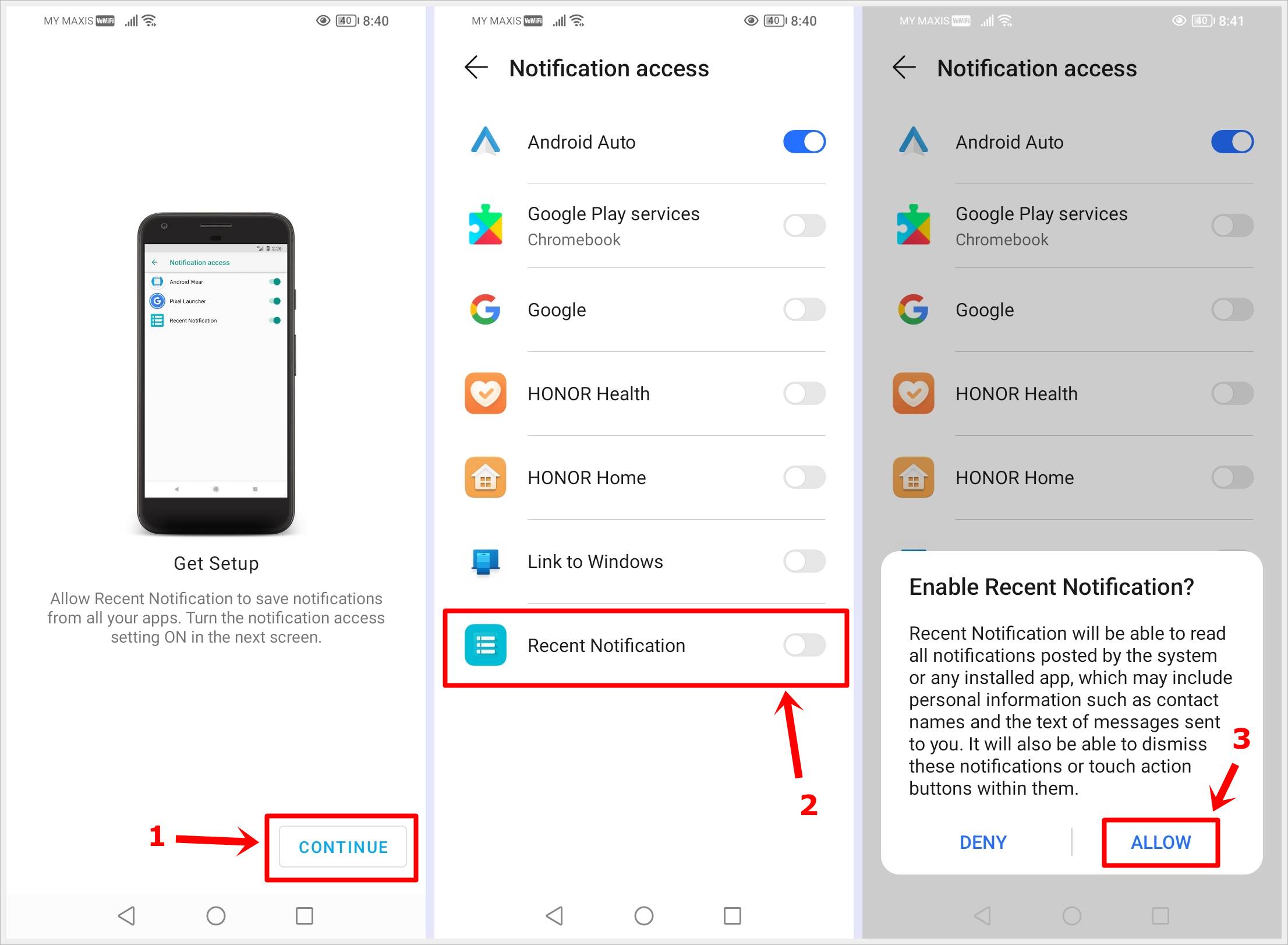 This image shows three different screenshots, illustrating a step-by-step guide on how to enable 