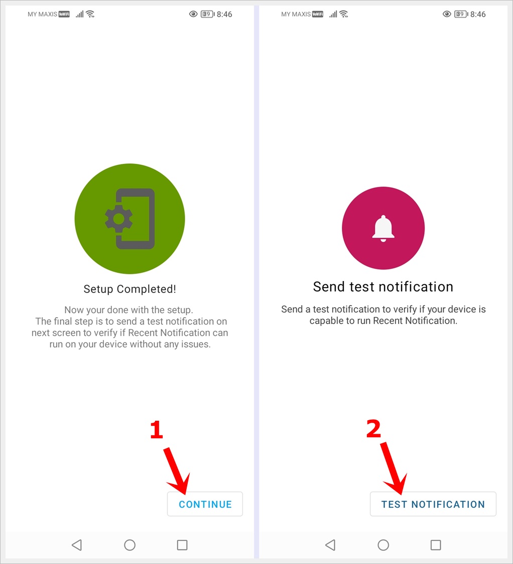 This image shows two different screenshots of the Recent Notification setup progress on an Android phone. The first shows the setup has been completed and the second shows a 