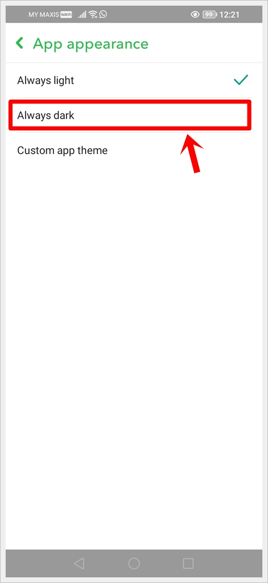 This image shows a screenshot of the Snapchat App Appearance screen on an Android phone. The 