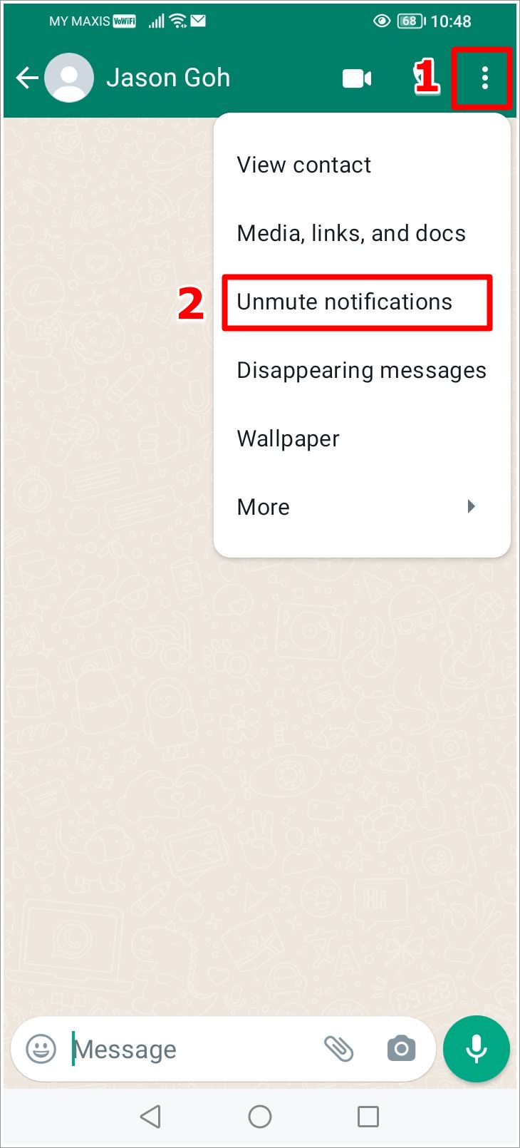 Fix WhatsApp Not Receiving Messages: This is a screenshot of a WhatsApp chat window. The 3-Dot-Menu and the 