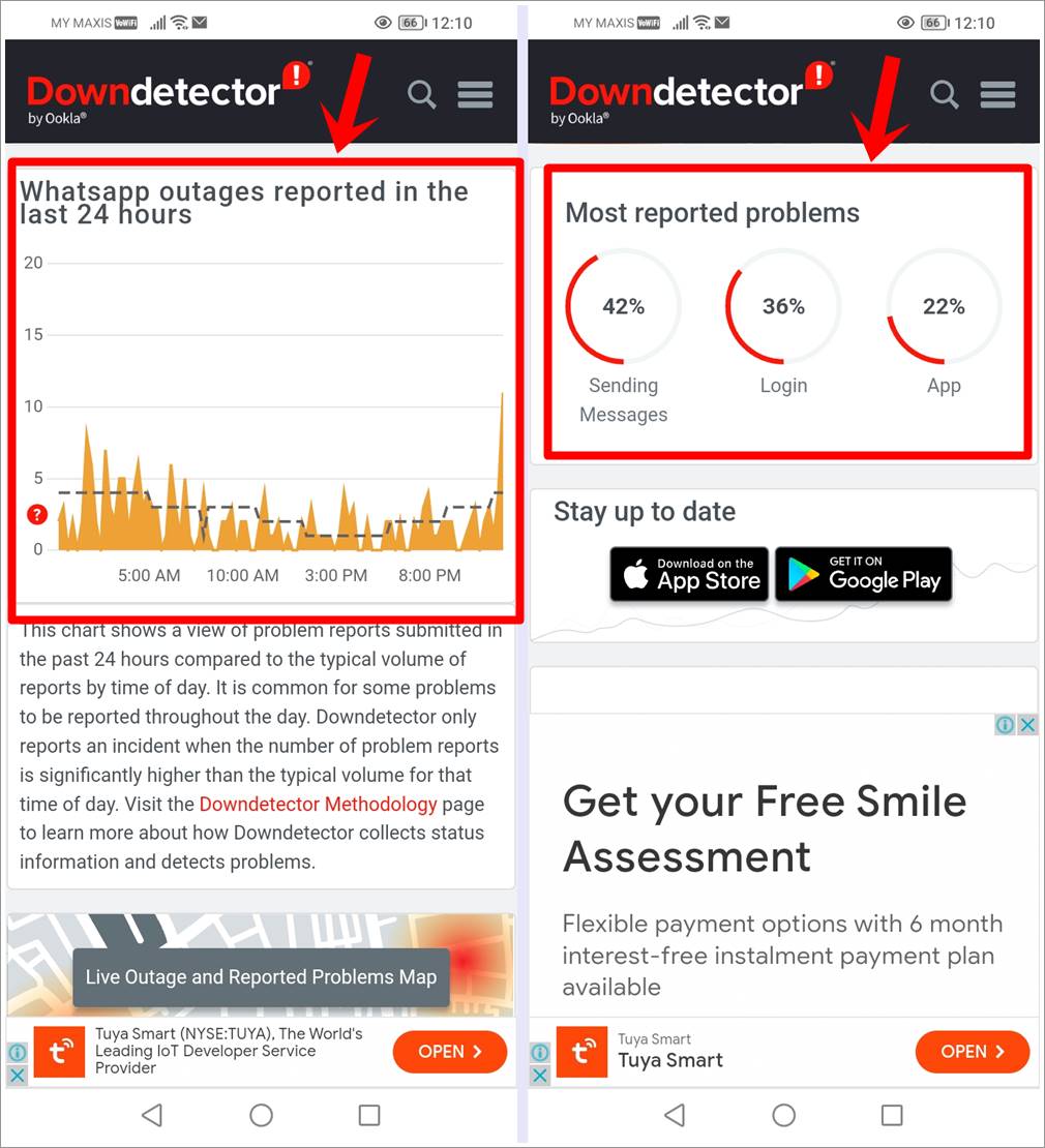 Fix WhatsApp Not Receiving Messages: This is a mobile screenshot of the Downdetector website. It further shows 2 more results which are 