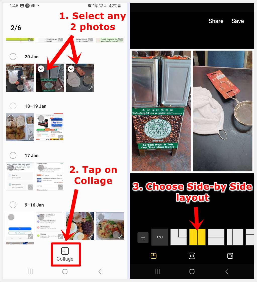 This image shows 2 different screenshots from a Samsung Galaxy phone. The first features the Gallery with 2 specific photos selected and the 