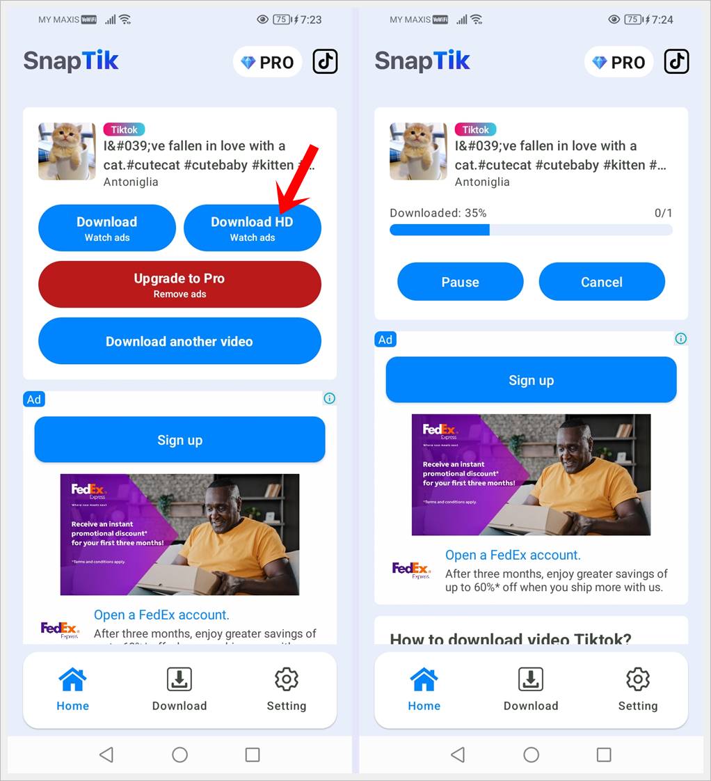 How to Download or Save TikTok Videos Easily: This image shows how to initiate the TikTok video download on SnapTik and the download progress bar is displayed. The 