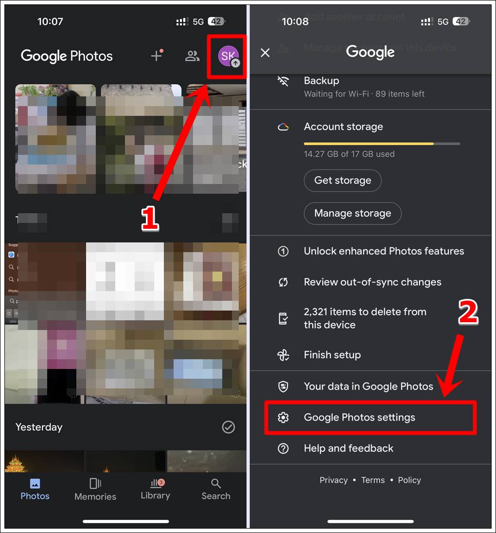 This image consists of 2 screenshots of Google Photos on an iPhone. The first shows the Google Photos home screen with the user