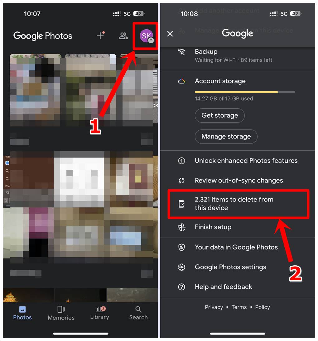 This image consists of 2 screenshots of Google Photos on an iPhone. The first shows the Google Photos home screen with the user
