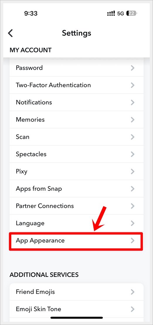 This image shows a screenshot of the Snapchat app settings page on an iPhone. The 