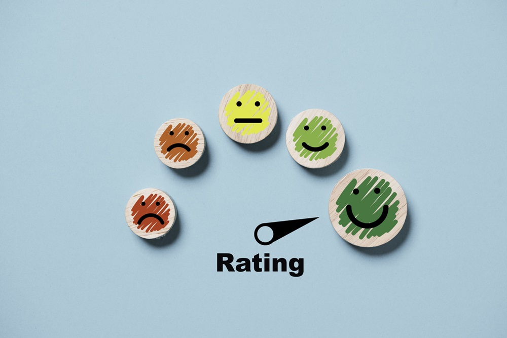 This image displays a customer evaluation indicator, showing ratings from low to high on wooden cube blocks. It