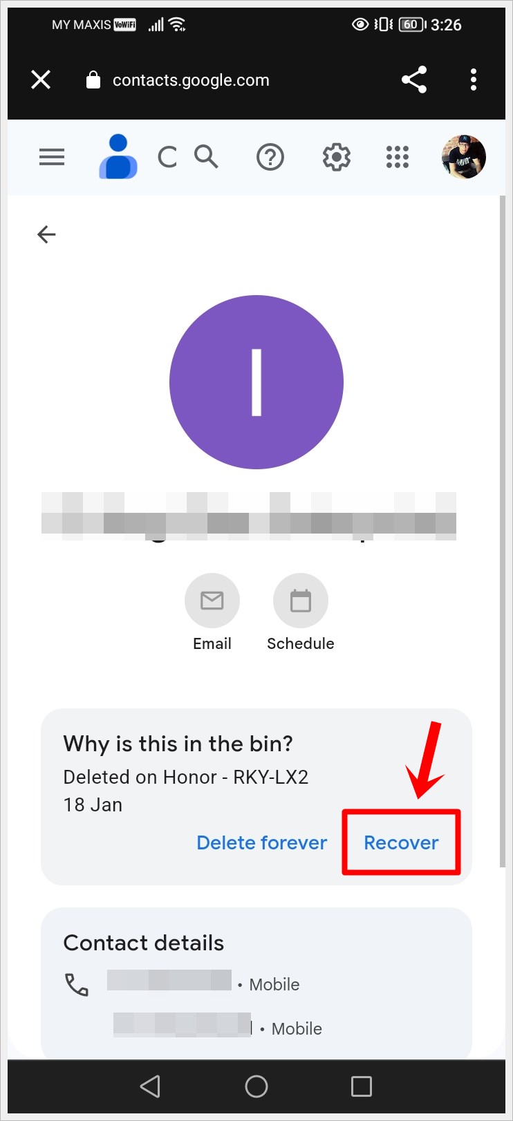 This is a screenshot from an Android phone. It features the details of a deleted contact with the 