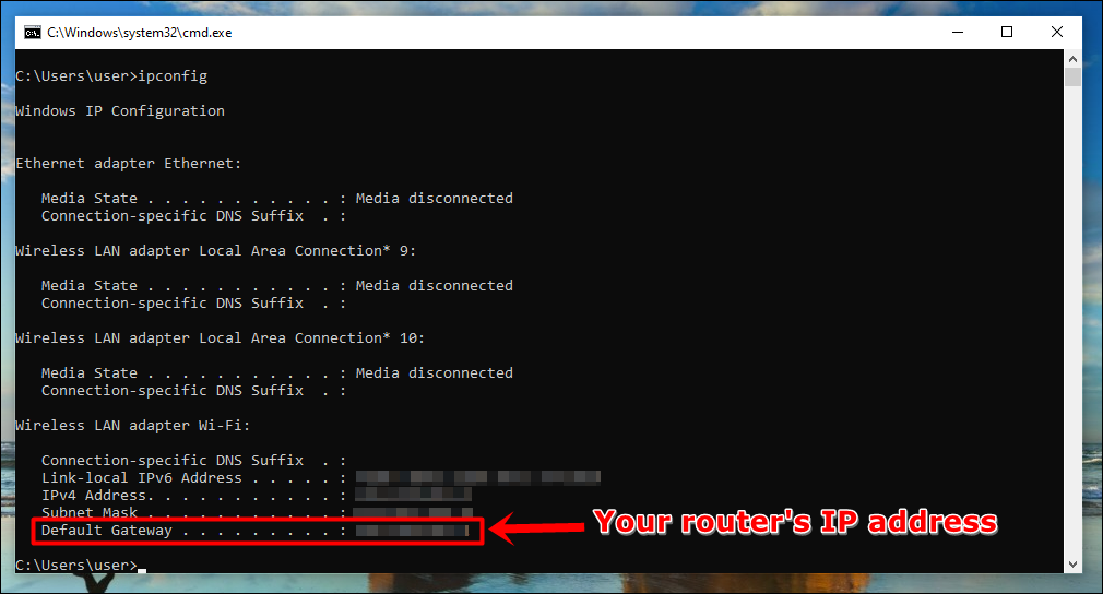 How to Reset Wi-Fi Password: This image shows a screenshot of the Windows IP Configuration on a Windows PC. The 
