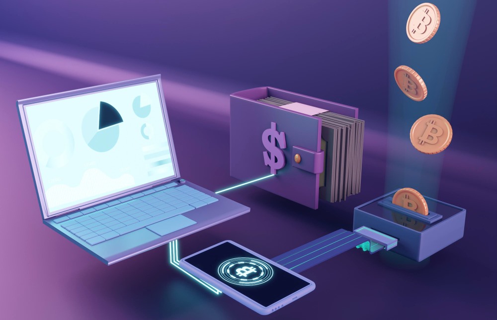 This image features a 3D rendering design of Bitcoin, a cryptocurrency.