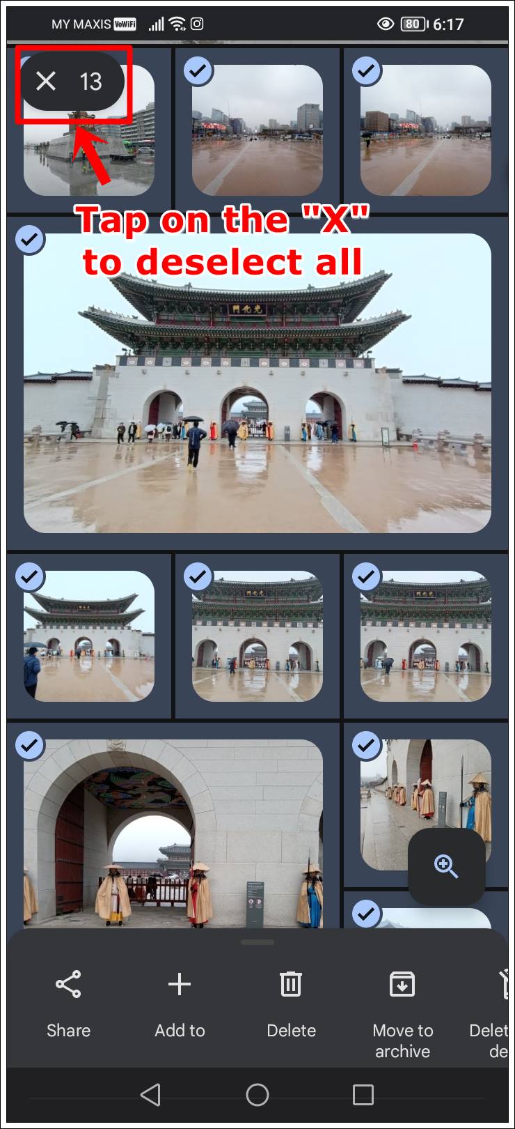 This screenshot from Google Photos on a mobile device displays several selected photos, each marked with a blue checkmark. The count of selected photos at the top left is highlighted, suggesting that tapping on the