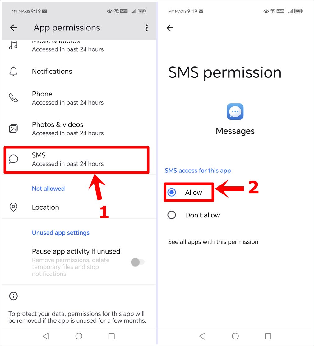 How to Fix Not Receiving Verification Codes Issue on Android and HONOR Phones: This image showcases two screenshots from an Android phone. The first displays the 