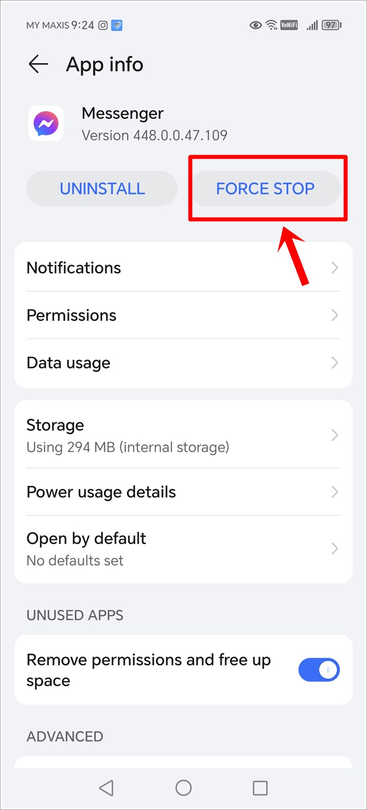 This is a screenshot of the Messenger App Info page on an Android phone, with the