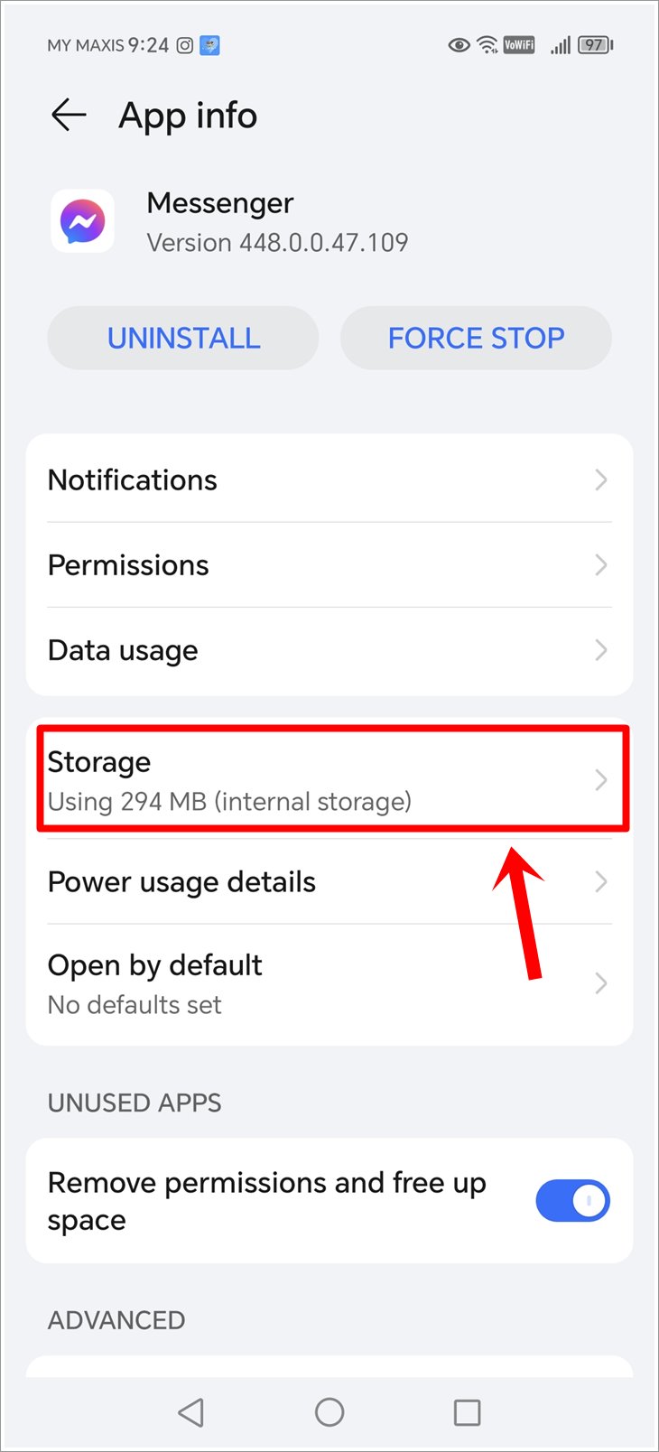 This is a screenshot of the Messenger App Info page on an Android phone, with the