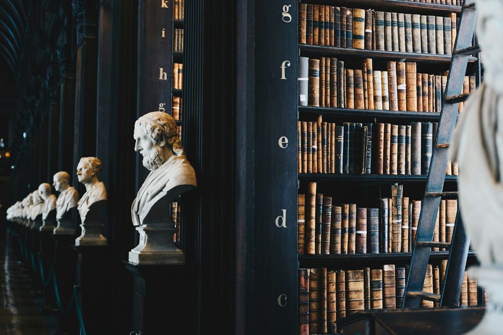 This photo depicts a library with sculptures, art, and many books, symbolizing a good learning environment.