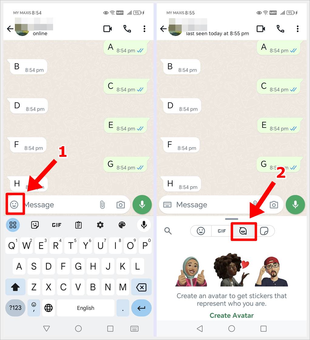 Manually create a WhatsApp avatar within a chat by tapping the emoji, followed by the 