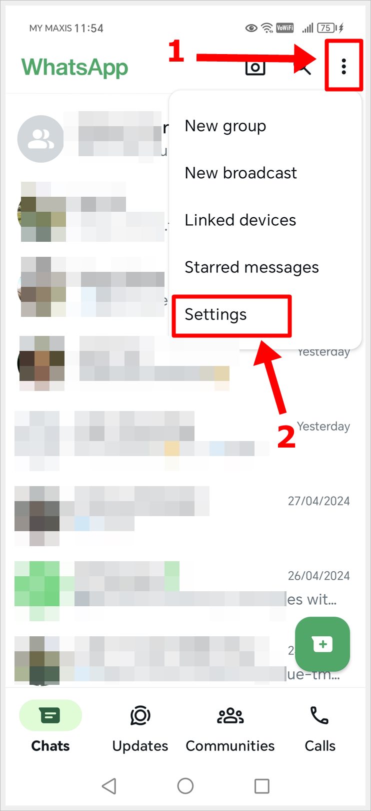 This image shows steps to go to WhatsApp settings by going to 1) The Menu, followed by 2) The 