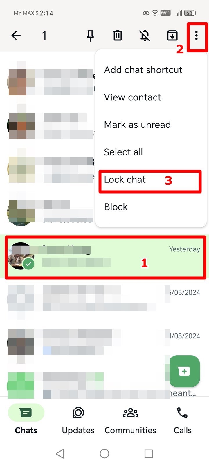 Screenshot of the WhatsApp chats screen on an Android phone. A random chat has been highlighted, and the three-vertical-dot icon in the top-right corner is indicated as the second step to be tapped to open the menu. The 