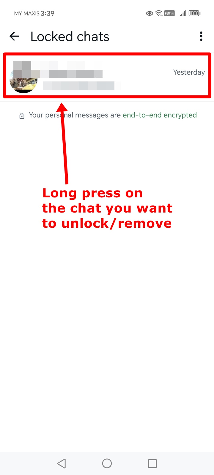 Screenshot of the WhatsApp Locked Chats folder on an Android phone. A locked chat has been highlighted.