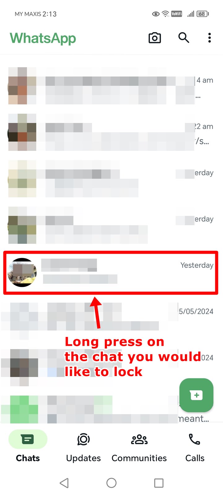 Screenshot of the WhatsApp Chats screen on an Android phone, with a random chat highlighted to be locked.