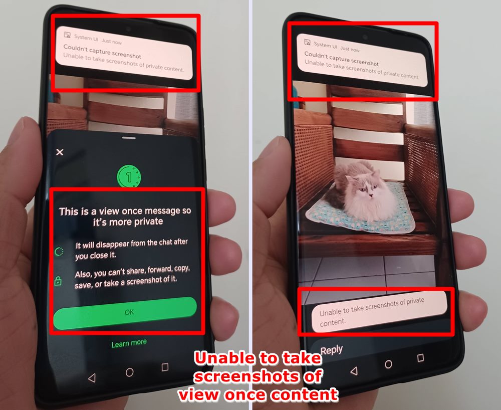 This photo shows that taking screenshots of WhatsApp View Once content is not allowed, and a message stating