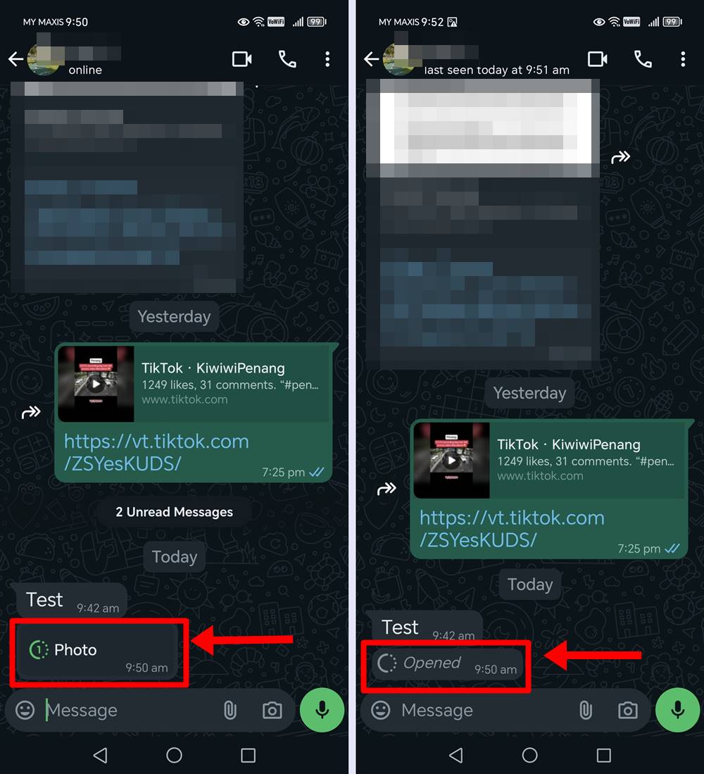 A photo was sent as View Once content via WhatsApp. The message status has since been changed from 