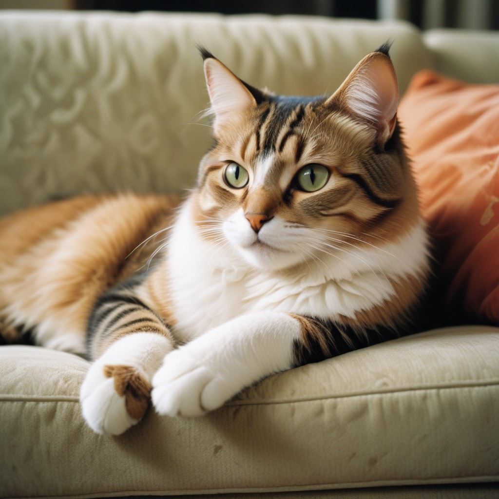 Very distinct pixel patterns are evident in an AI-generated image showcasing a cat lying on a couch.