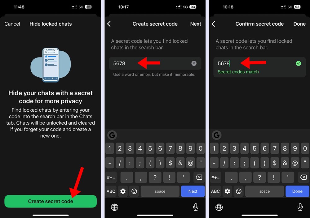 iPhone-WhatsApp-Creating and confirming secret code for the purpose of hiding and finding the Locked Chats folder.