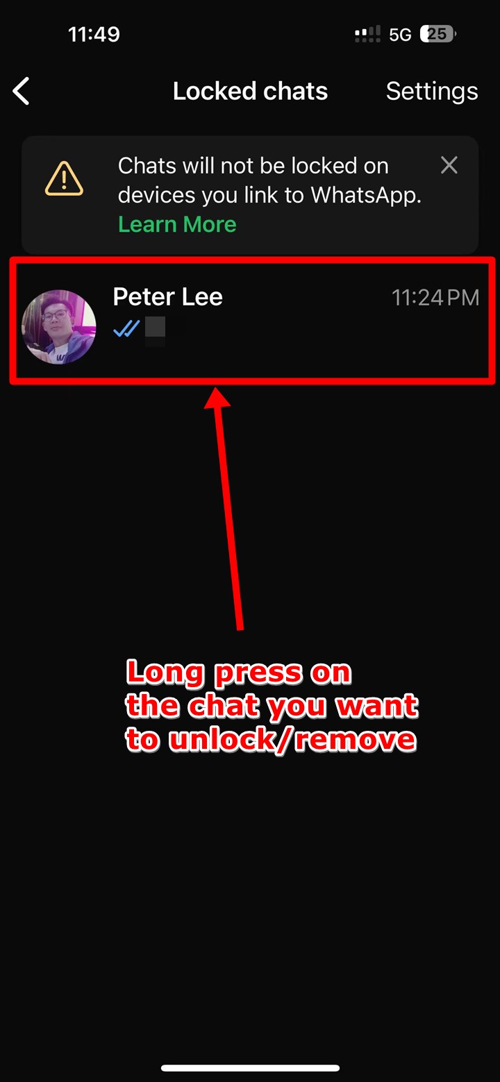 Screenshot of the WhatsApp Locked Chats folder on an iPhone. A locked chat has been highlighted.