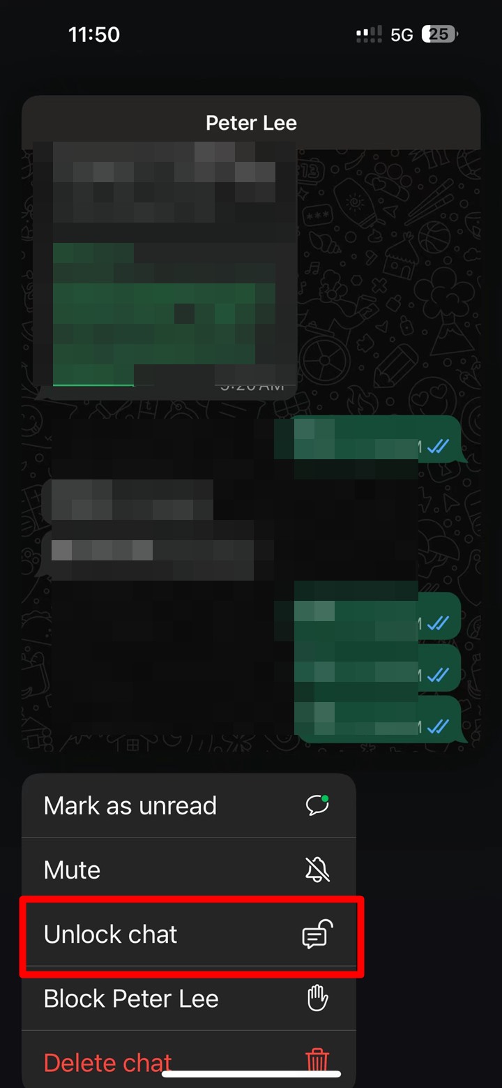 Screenshot of a WhatsApp chat thread on an iPhone, with a menu showing various options. The 