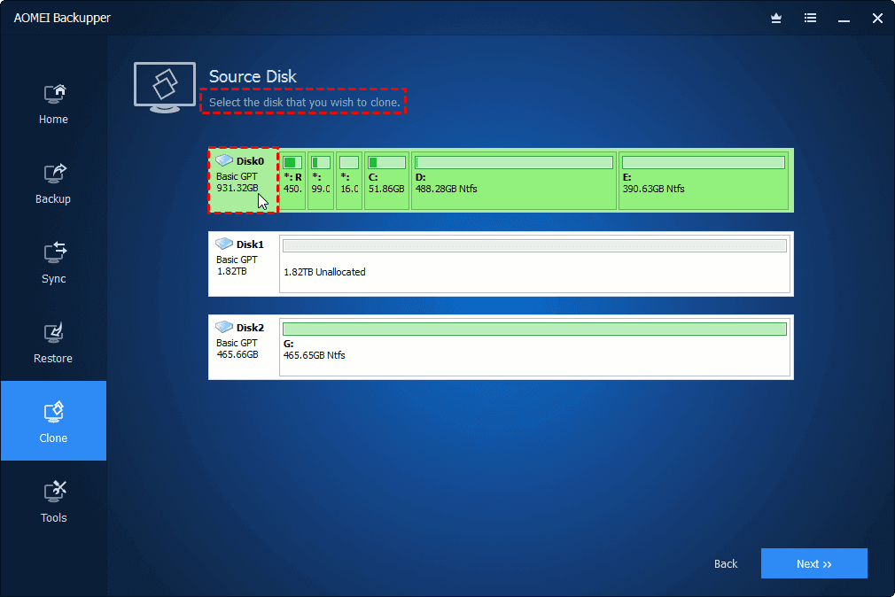 Select your source drive (the drive you want to clone) and your target drive (the new SSD).