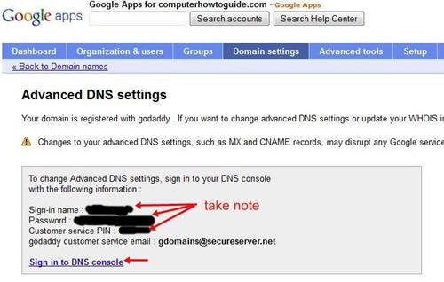 Sign in to DNS console