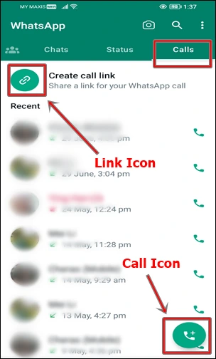 Link and Call icons on The Calls Tab