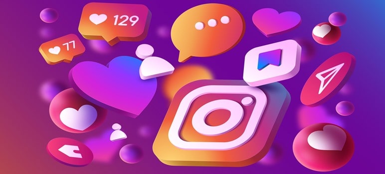 Instagram symbols and Icons meanings: This image shows an Instagram logo and its numerous symbols and icons floating around.