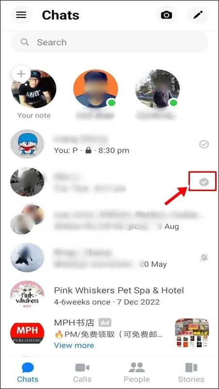 Facebook Messenger symbols & icons - Chats screen: Filled Gray Circle with a White Checkmark