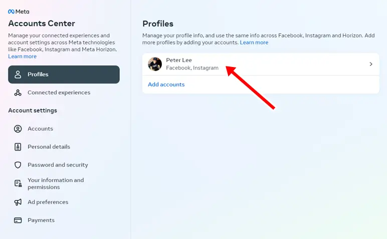 Find your Facebook profile (and Instagram if linked)