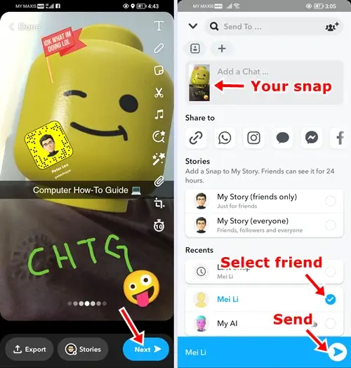 How to Create and Send Snaps on Snapchat: send your chat