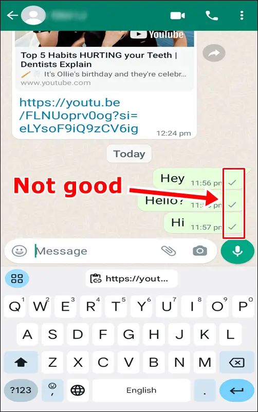How to Know if You are Blocked by Someone on WhatsApp: Showing single gray tick on all messages sent! Strong indication you are being blocked.
