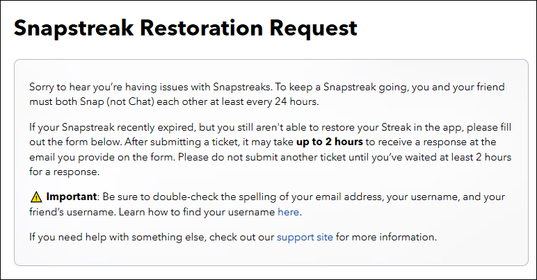 Send a Restoration Request to get back your snapstreak