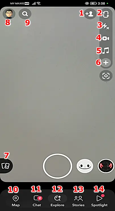 Meanings of Symbols and Icons on Snapchat Camera Screen.