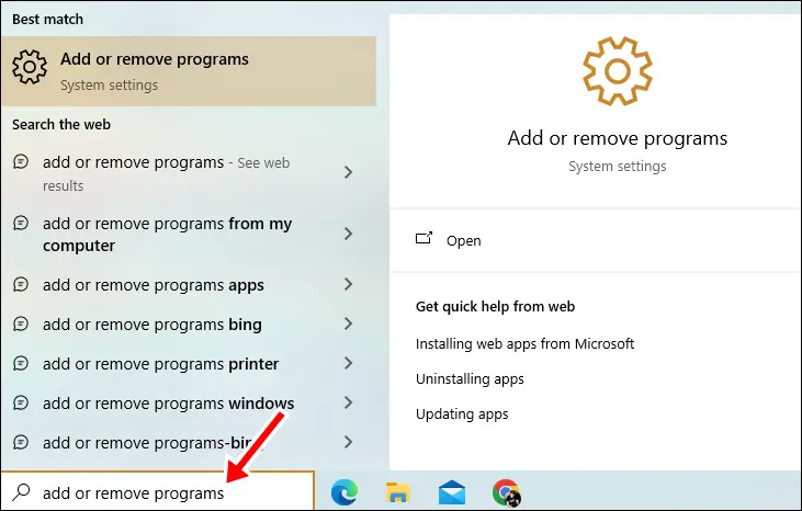 Fix Computer Randomly Restarts: Type "Add or Remove Programs " in the Windows search bar and open the application.