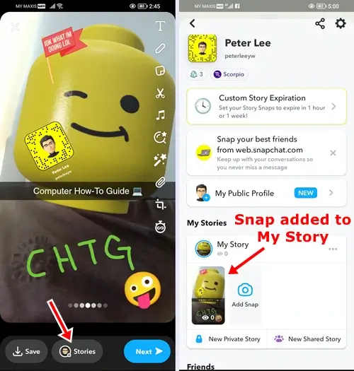How to Create and Send Snaps on Snapchat: add your snap to My Story