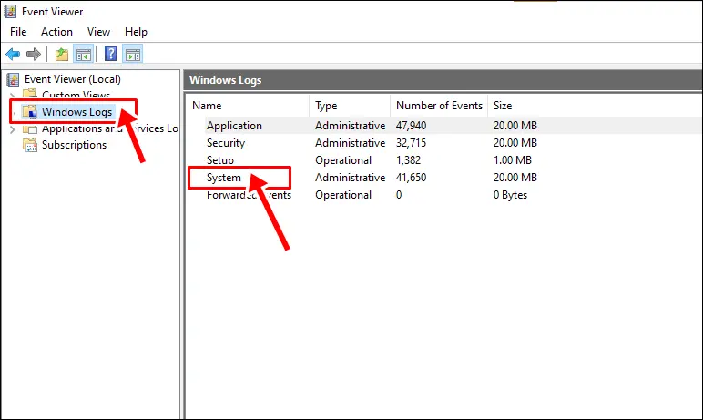 How to Fix PC Randomly Restarts: In the left panel, expand "Windows Logs" and select "System."