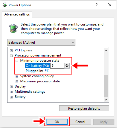 How to Stop PC Randomly Restarts: Select 'Minimum processor state' and set it to 5% or 0%.