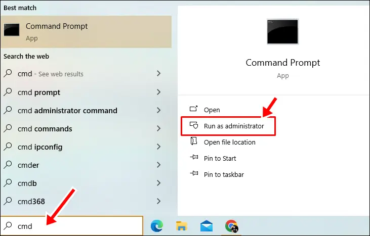 Open Command Prompt with administrative privileges by searching for "cmd" and selecting "Run as administrator."