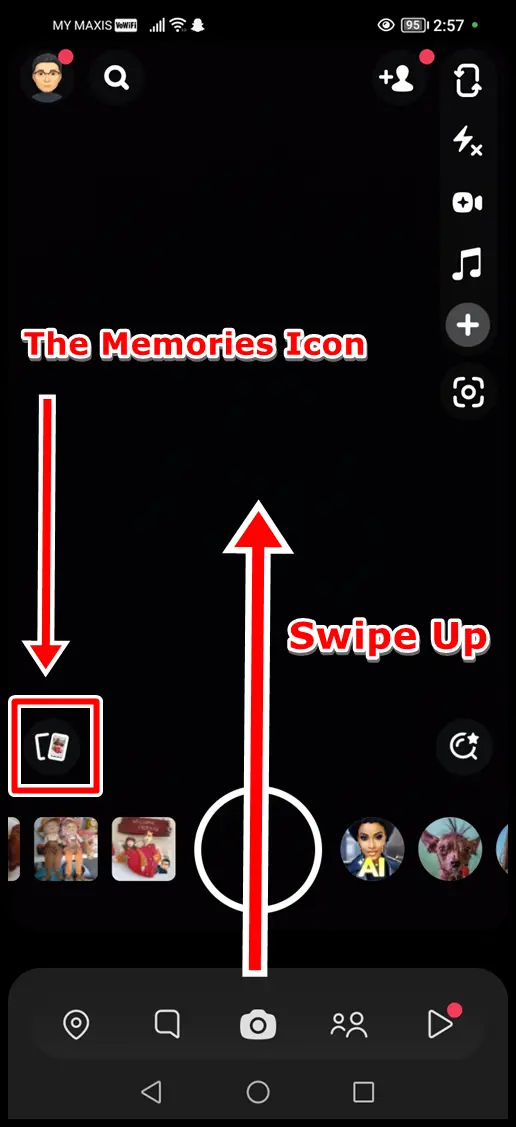 How to Hide Snaps in "My Eyes Only" on Snapchat: Swipe up from the camera screen, or tap the Memories Icon to access Memories