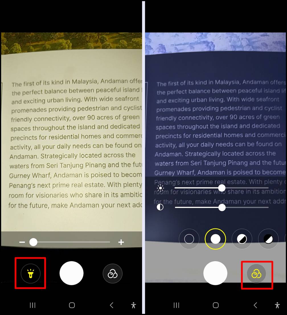 Samsung Galaxy Magnifier - Additional features: Turning on the flashlight, or changing contrast and color settings to improve visibility