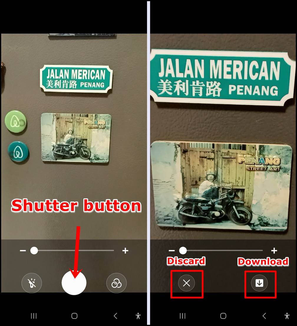 Samsung Galaxy Magnifier: Capture the magnified object as a photo. Tap the Download Icon to download, or the "X" Icon to discard